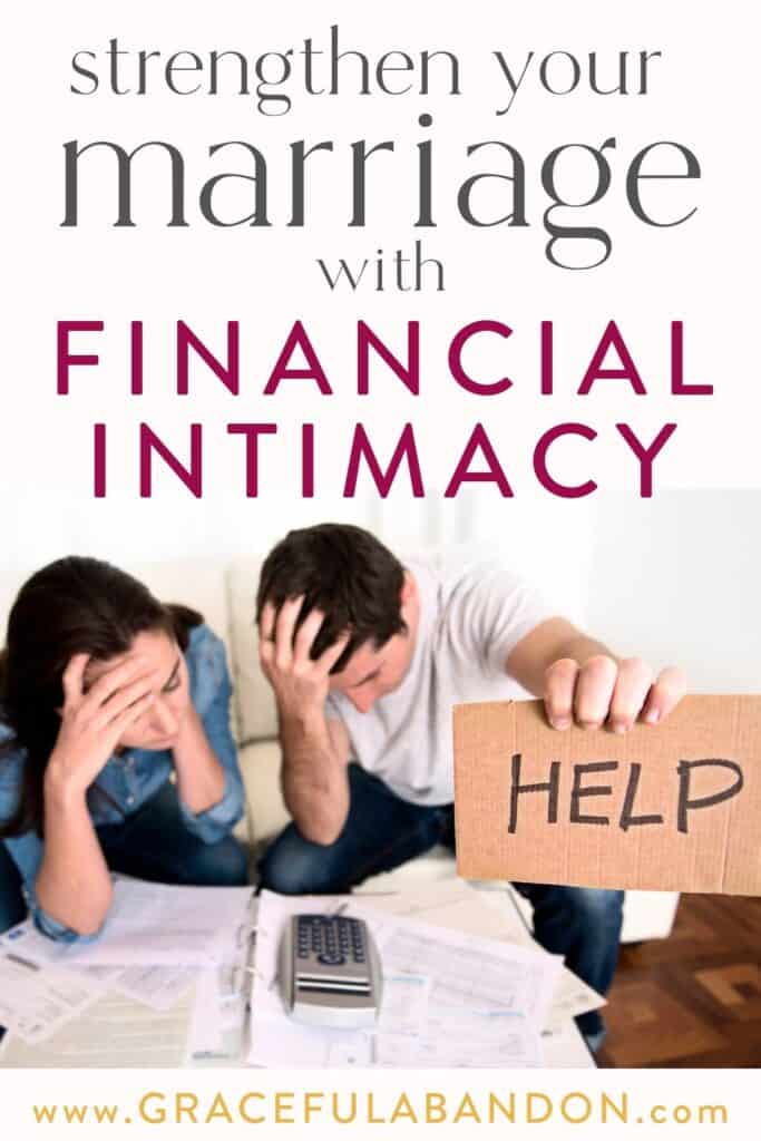 stressed married couple at odds over their budget holding a sign for help with text overlay "strengthen your marriage with financial intimacy" by Graceful Abandon