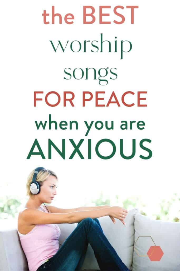 anxious woman on couch with headphones listening to calming Christian music. | #worship #music #playlist #christian