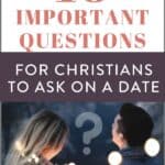 text "16 important questions for christian women to ask on a date" with a photo of couple talking at night with lights