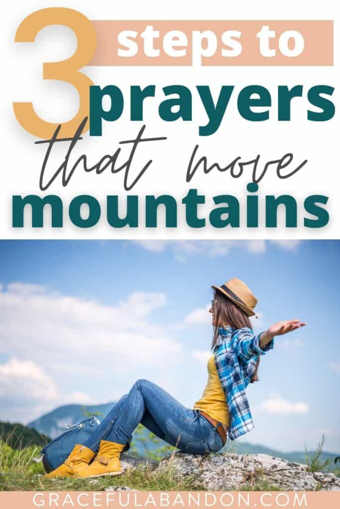 prayers that move mountains text over image of woman praying at a mountaintop