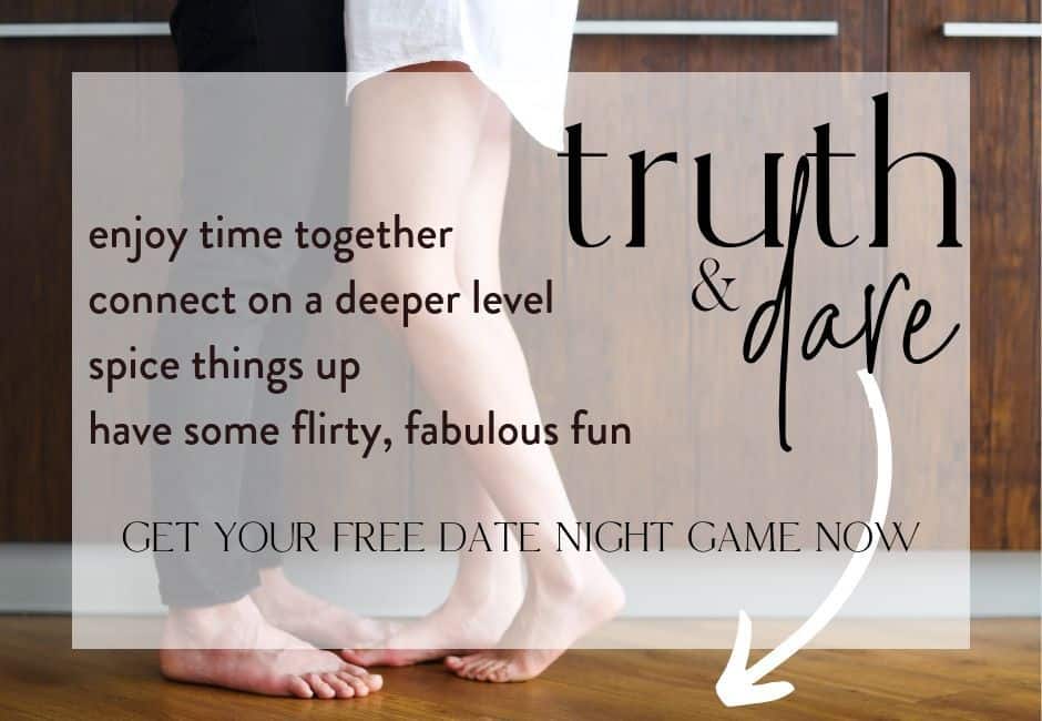 two pairs of feet from a couple with text overlay: get your free truth and dare date night game printable